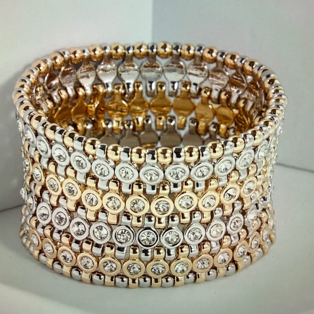 White House Black Market NWT Pave-accent Gold and Silver wide Stretch Bracelet